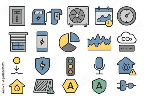 Twenty minimal icons are provided to illustrate devices that connect and optimize energy use and carbon savings in households