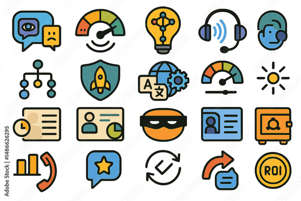 Collection of colorful icons representing various concepts in technology, communication, and business Collection of colorful icons representing various concepts in technology, communication, and business