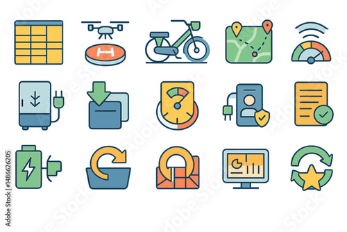Diverse icons representing technology and mobility solutions in urban settings for enhanced navigation and efficiency