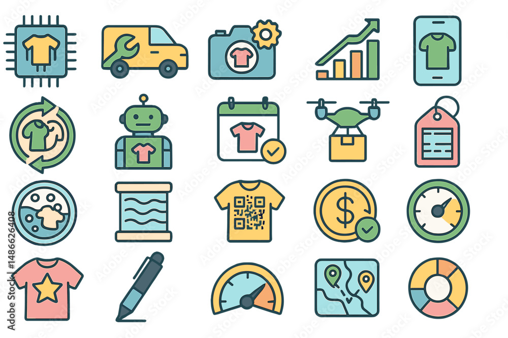 Collection of colorful icons representing various aspects of online apparel business and technology trends Collection of colorful icons representing various aspects of online apparel business and technology trends