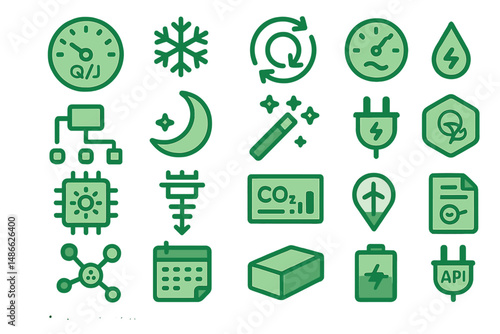 Collection of green energy and technology icons showcasing sustainability and innovation concepts