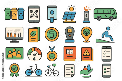 Collection of eco-friendly icons representing sustainability and green technology concepts