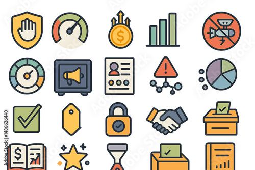 Diverse set of icons representing business concepts and functions in a modern design style