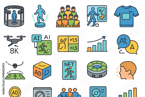 Icons representing various aspects of technology and sports including AI, NFTs, and gaming in a modern context