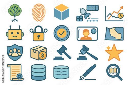 Various icons representing security, technology, and data management in a corporate environment
