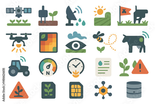 Diverse agricultural technology icons showcasing modern farming techniques and practices for efficient crop management