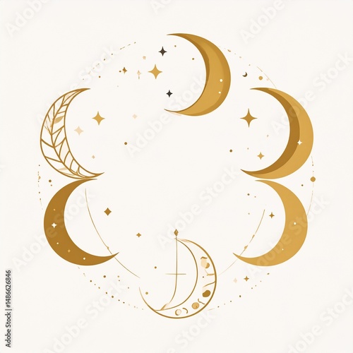 Minimal Moon Cycle Illustration with Gold Accents – Trending hard in wall prints