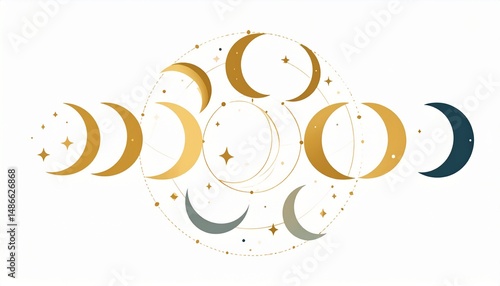 Minimal Moon Cycle Illustration with Gold Accents – Trending hard in wall prints