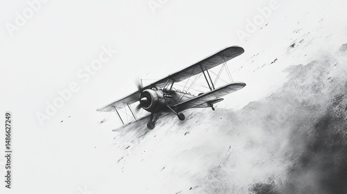 Vintage biplane soaring through a turbulent sky