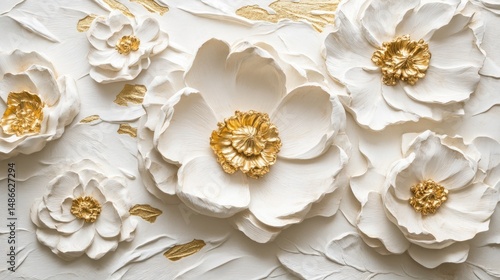 Fototapeta Naklejka Na Ścianę i Meble -  Abstract textured wall decor with white flowers and gold accents.