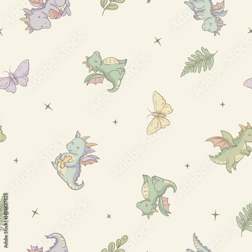 Cute Cartoon Dragon Seamless Pattern, Vector Whimsical Texture