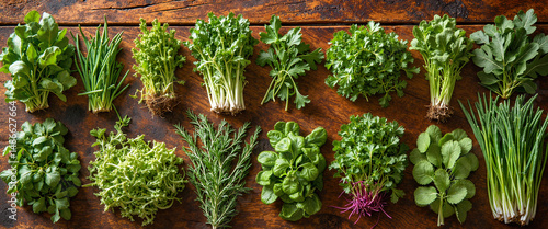 Wallpaper Mural Fresh green herbs and leafy vegetables on wooden background Torontodigital.ca