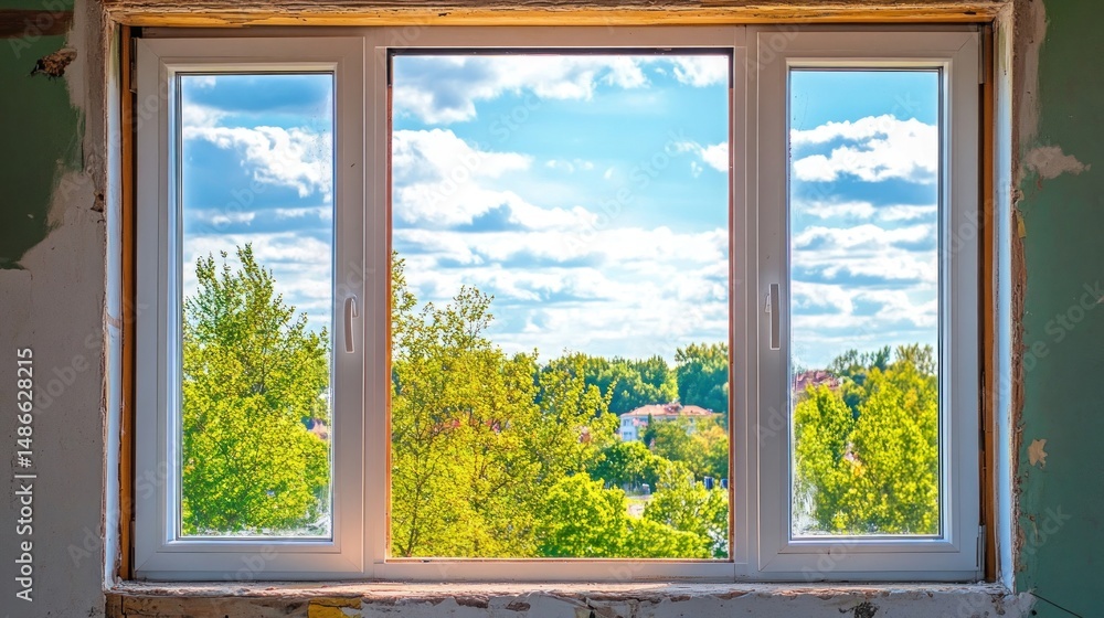 Obraz premium Bright sunny view from a newly installed window