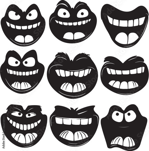 Cartoon Faces Vector Silhouettes, Evil Grins, Halloween Clip Art