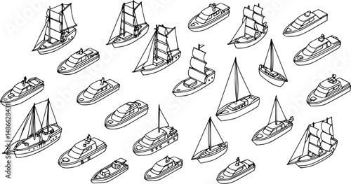 Ship and boat icons set in isometric 3d style. Sailing elements set collection vector illustration
