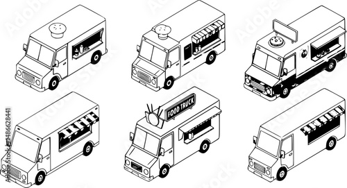 Food truck icons set. Isometric set of food truck vector icons for web design isolated on white background
