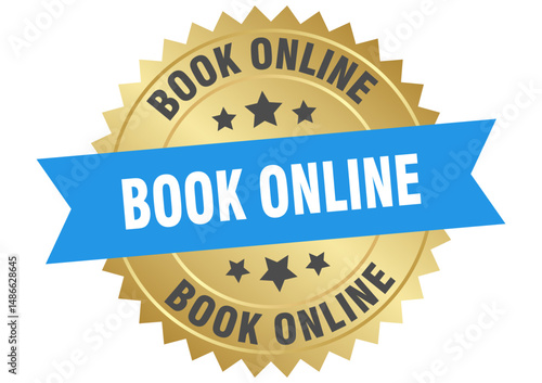 book online. book online round blue and gold label isolated on transparent background