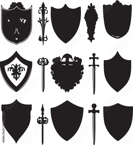 Heraldic Shields & Swords Vector Silhouettes Medieval Crests Emblems
