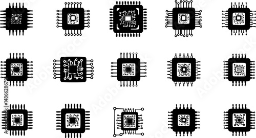 Micro chip icon set, flat style
