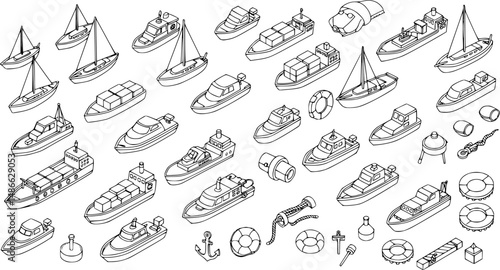 Ship and boat icons set in isometric 3d style. Sailing elements set collection vector illustration

