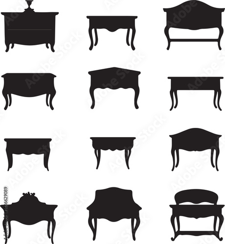 Silhouette Vector Art: Vintage Furniture, Tables & Dressers Graphics