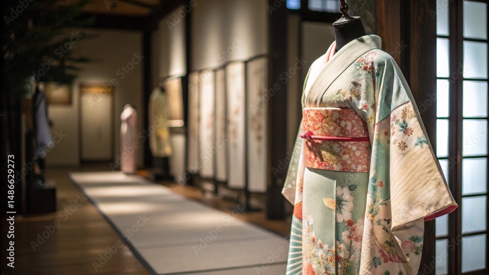 Fototapeta premium Traditional Japanese kimono gracefully displayed on clean neutral background