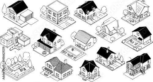 Town house cottage set, isometric 3d style
