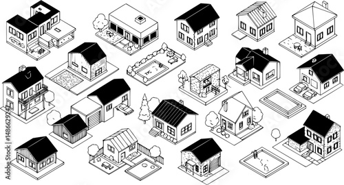 Town house cottage set, isometric 3d style
