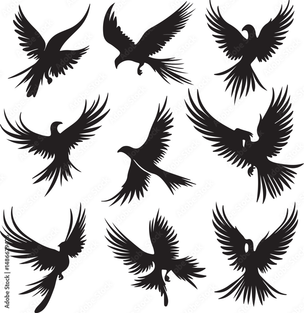 Black Bird Silhouettes: Dynamic Eagle Wing Spread Vector Art Black Bird Silhouettes: Dynamic Eagle Wing Spread Vector Art