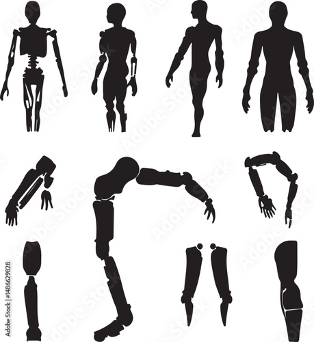 Robot Silhouette Illustrations: Humanoid Figures and Limbs