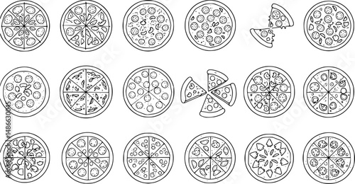 Pizza icons set. Outline set of pizza vector icons for web design isolated on white background

