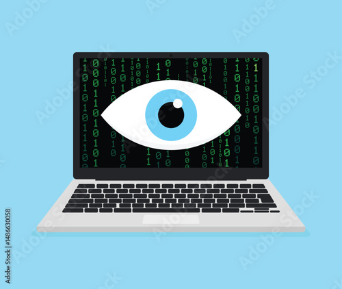 Hacking, surveillance, internet security laptop eye concept. Vector illustration.