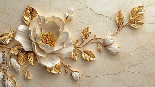 Ornate floral design in cream and gold tones.