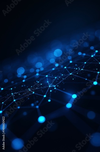 abstract digital network background, glowing blue nodes, connecting lines, dark surface, futuristic visualization of data exchange, copy space. technology, AI, blockchain, internet, innovation concept