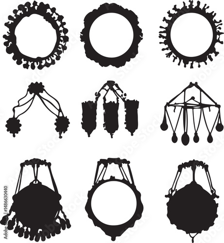 Black Silhouette Vintage Frames and Chandeliers Vector Illustration