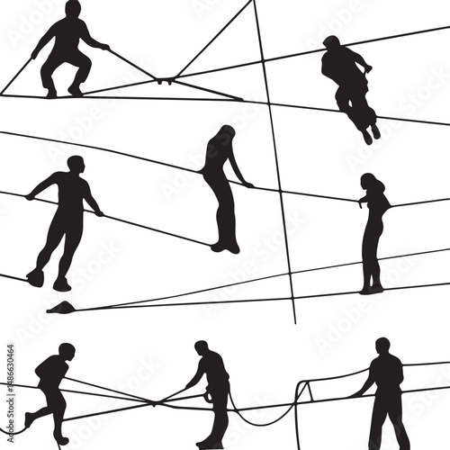 Silhouette People Balancing on Tightropes: Black and White Art