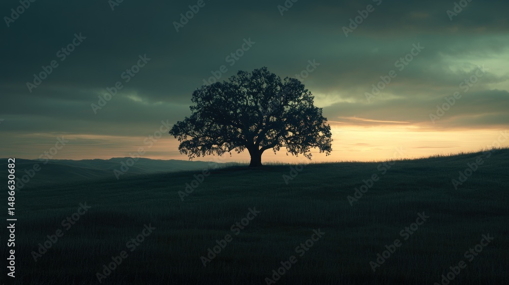 Obraz premium Solitary tree silhouette at sunset serene nature landscape