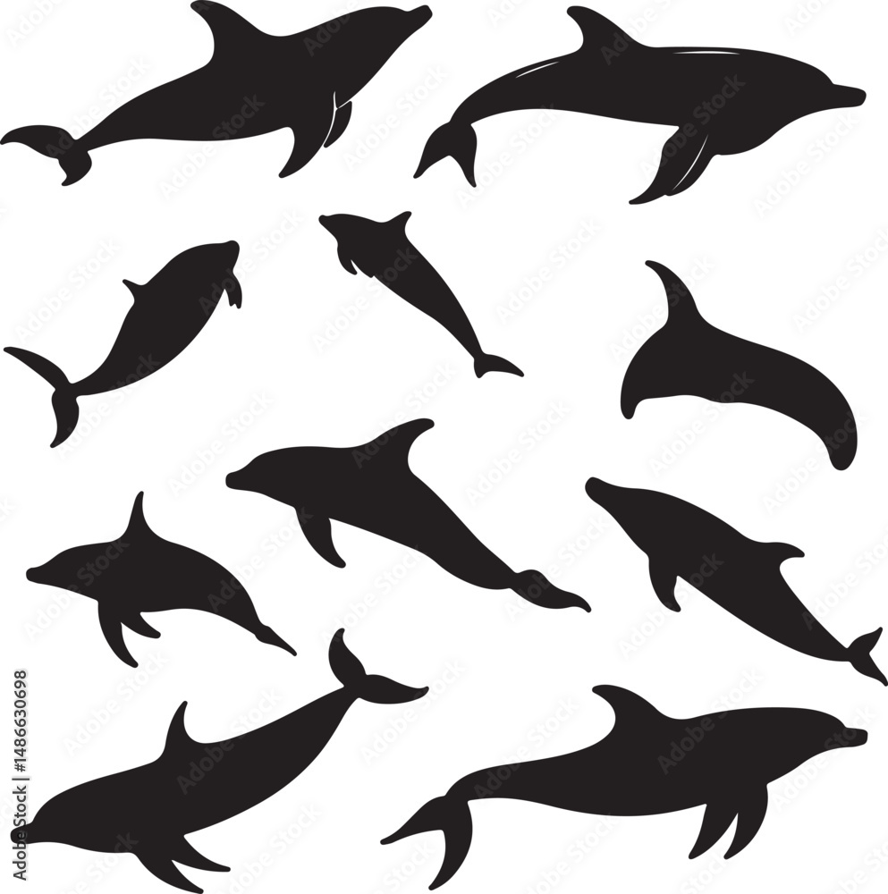Obraz premium Black Dolphin Silhouettes: Vector Art of Jumping Marine Mammals