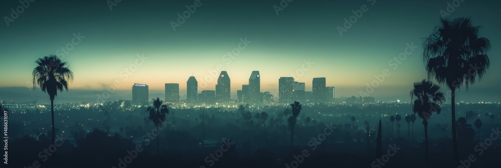 Obraz premium Panoramic photograph of the San Diego skyline at dusk, with palm trees in the foreground and a cinematic, muted color palette with low contrast Generative AI