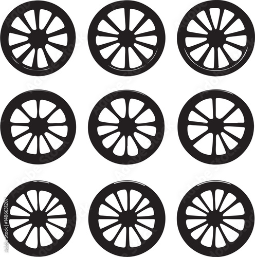 Nine Black Wagon Wheels: Vector Illustration, Circular Design