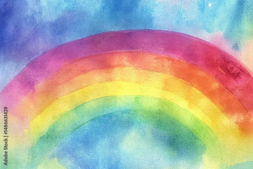 Obraz premium Watercolor rainbow on a cloudy sky background