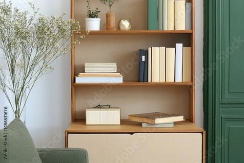 Wallpaper Mural Elegant Home Office Shelf With Books, Plants, And Accessories Creating A Cozy Ambiance For Virtual Meetings And Presentations Torontodigital.ca