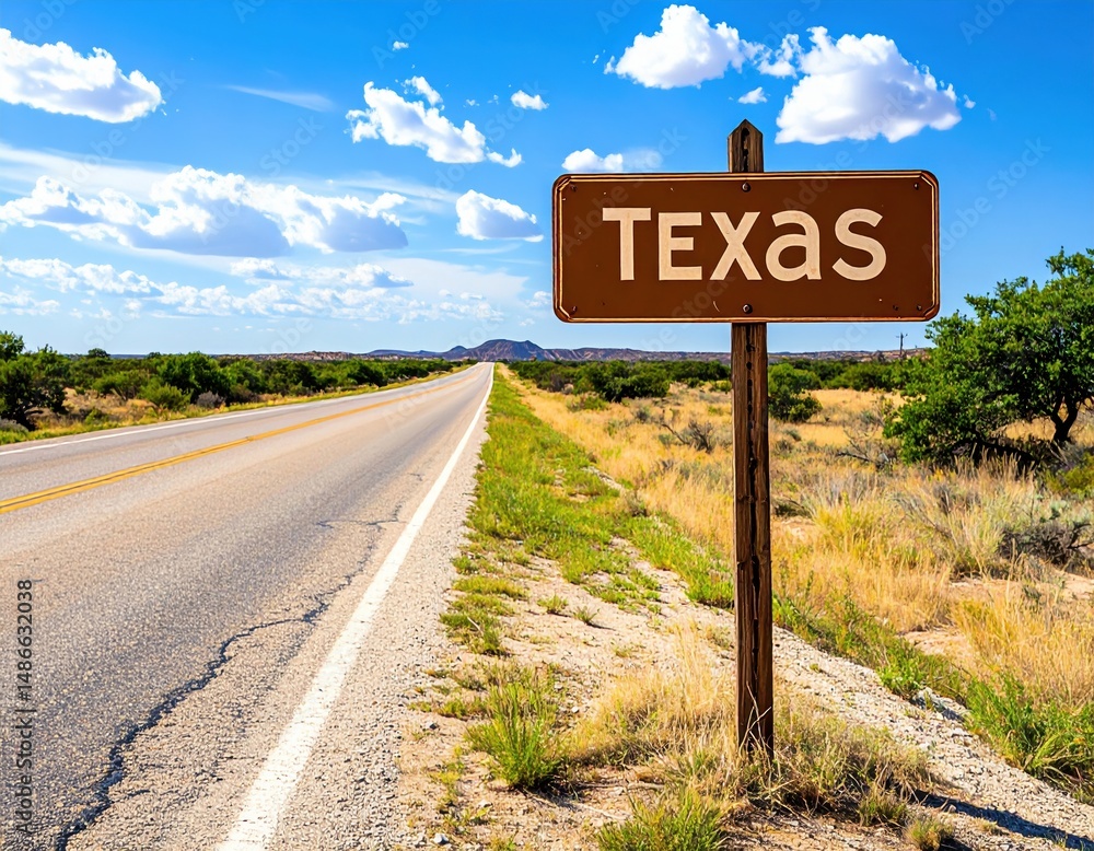 Obraz premium Open road leading to texas sign in vast desert under blue sky