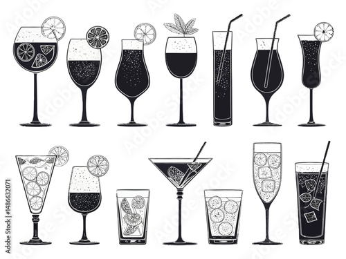 Illustration of various cocktail glasses filled with drinks and garnished with fruit slices and straws