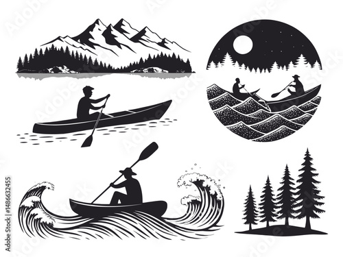 Illustrations of people kayaking and canoeing with mountains, trees and waves in black and white