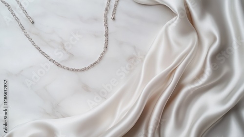 Silver chain necklace on silk fabric and marble elegant jewelry photography