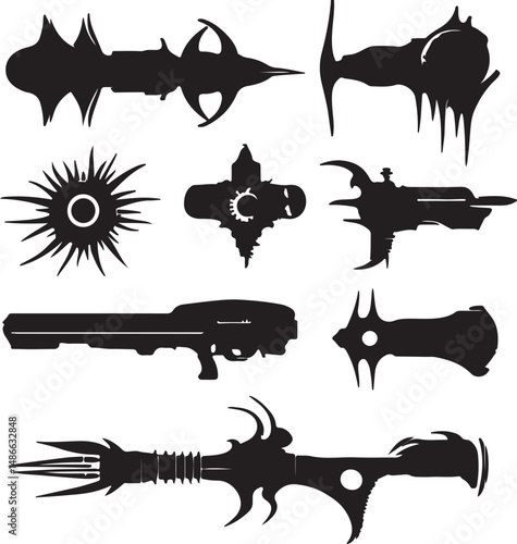 Silhouette Alien Weaponry: Futuristic Sci-Fi Gun Designs Vector Art