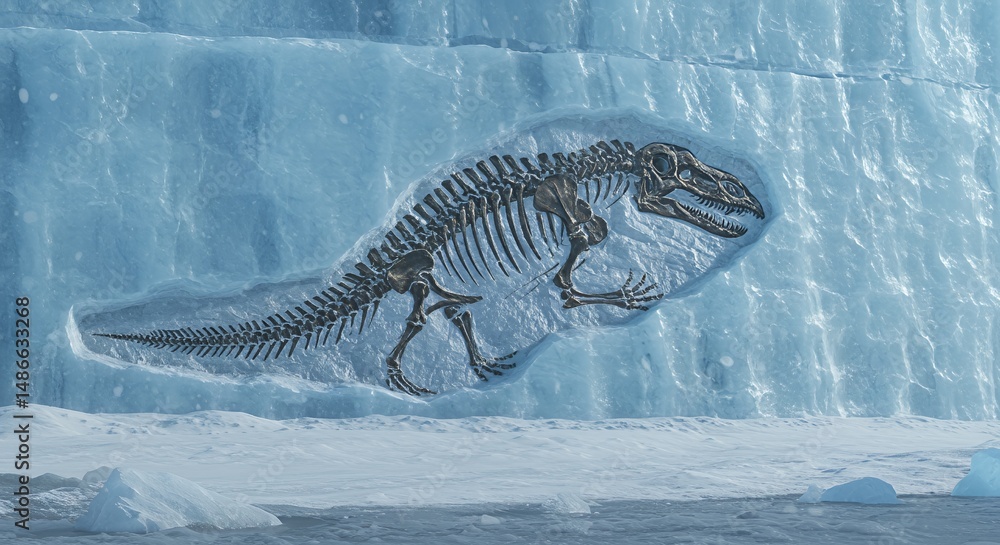 Fototapeta premium Dinosaur Skeleton Encased in Ice Isolated on White Screen Background Detailed Textured Ice and Fossil Remains Realistic Prehistoric Exhibit Blank Studio Backdrop