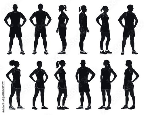 Silhouette collection of athletic men and women standing with hands on hips in various poses and profiles