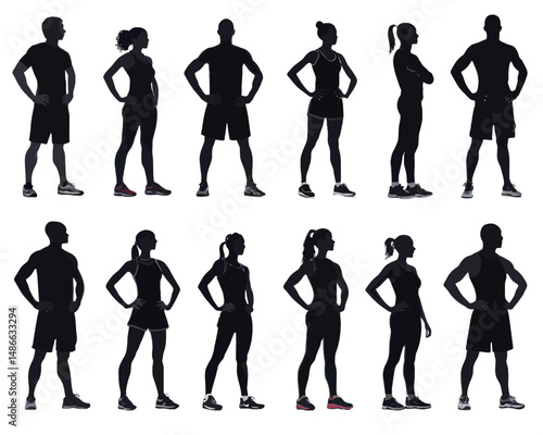 Silhouette collection of athletic men and women standing in various poses with hands on hips in black